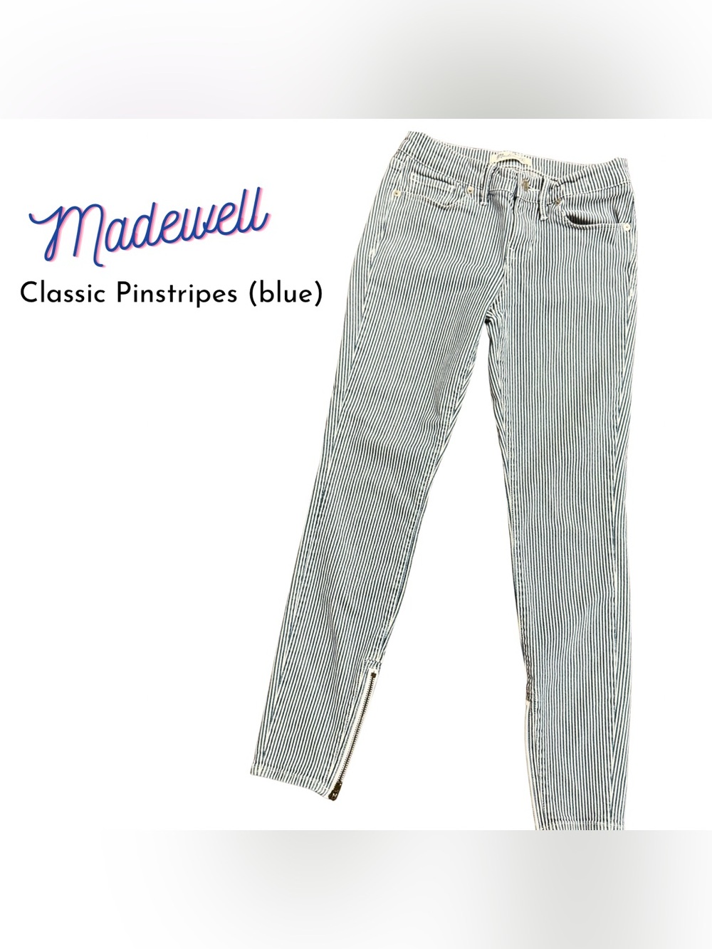 Madewell Blue White Pinstripe Denim Jeans Ankle Zip Classic‎ Pinstripes Pants